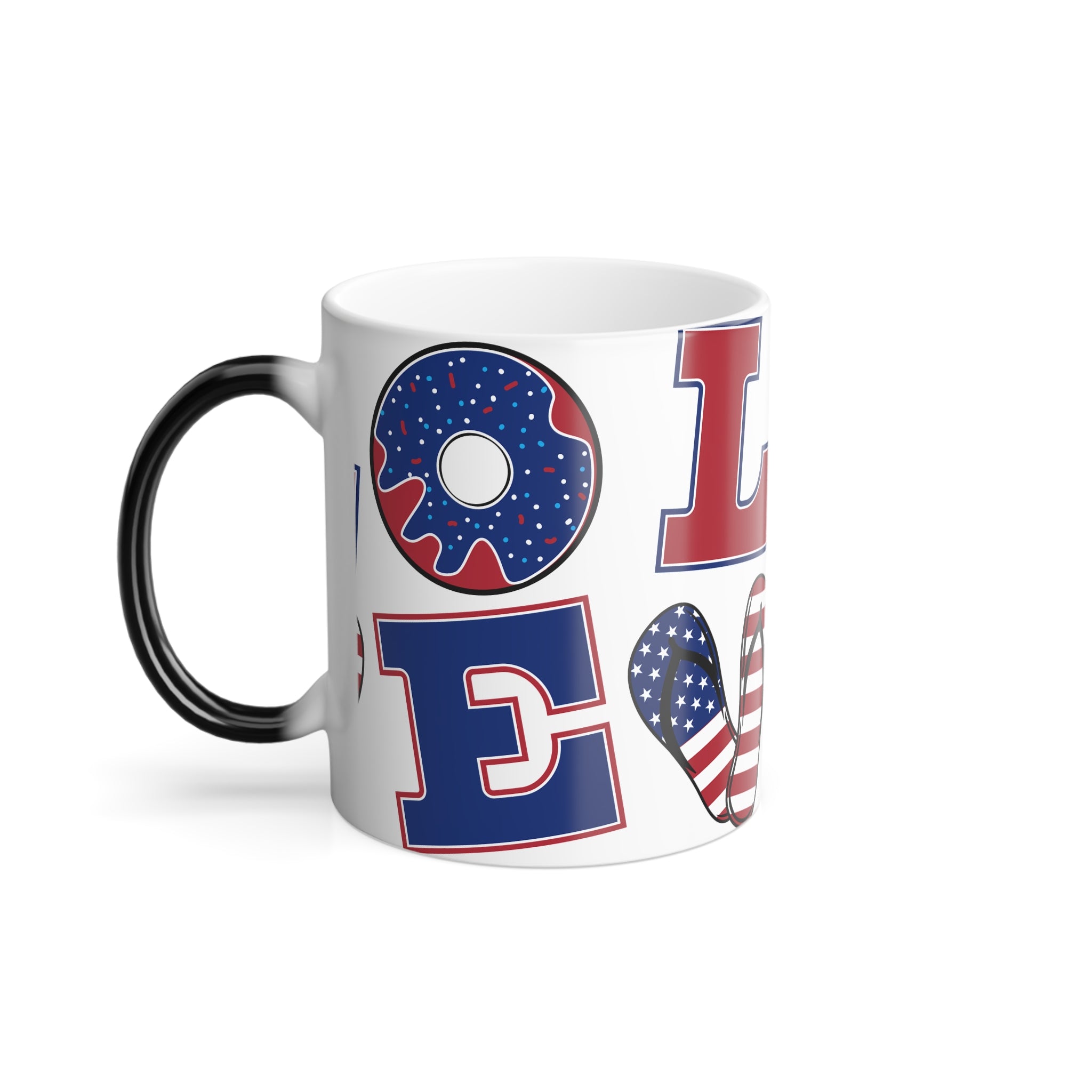 Patriotic LOVE Color-Changing Mug — 11oz Fourth of July Donut & Flip-Flop Design