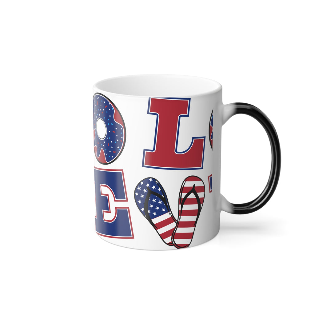 Patriotic LOVE Color-Changing Mug — 11oz Fourth of July Donut & Flip-Flop Design